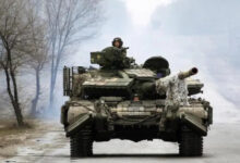 A Ukrainian tank is pictured in the Lugansk region