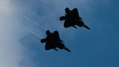 F-22 Raptors fly over the air field at Royal Air Force Lakenehath, England, July 26, 2022 for NATO Air Shielding mssion.