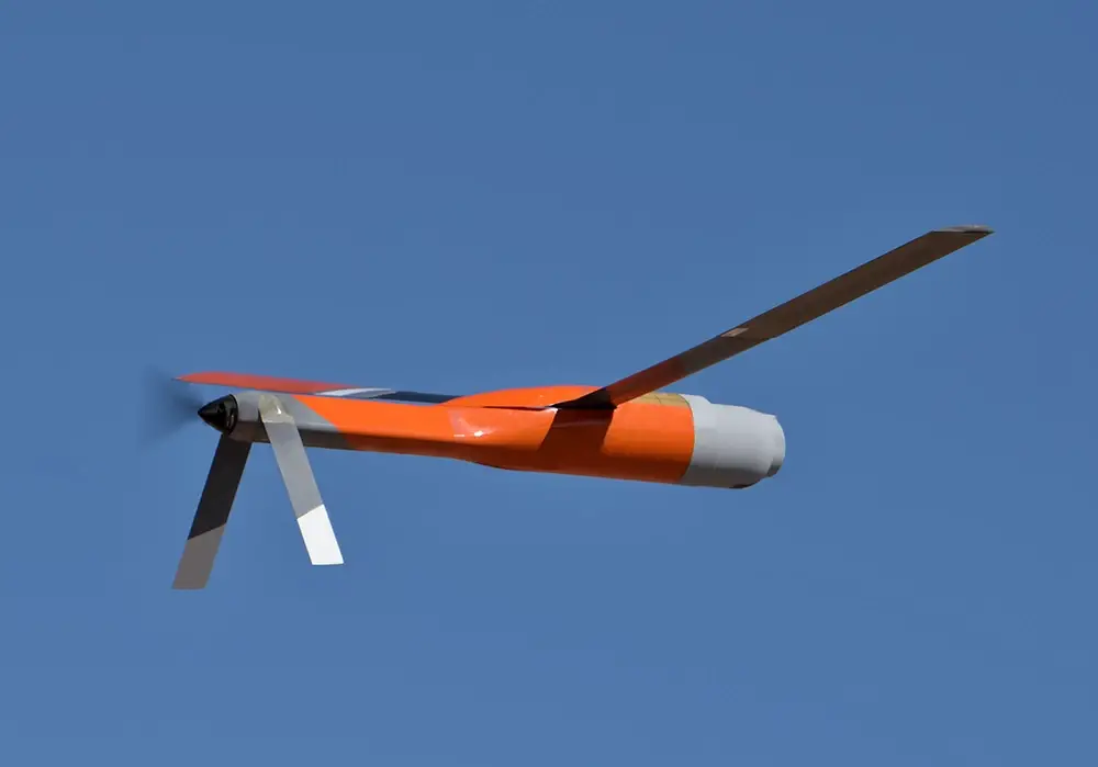 An Area-I Air-Launched, Tube-Integrated, Unmanned System, or ALTIUS, sails through the skies at Yuma Proving Ground.