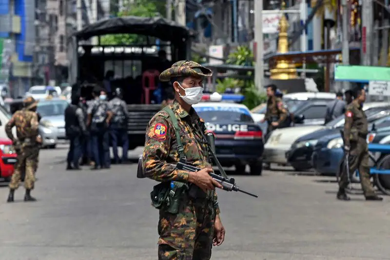 A soldier stands guard in Yangon, Myanmar