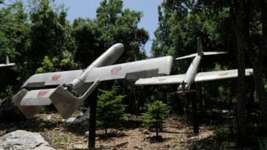 Military drones at the Hezbollah memorial landmark in the hilltop bastion of Mleeta, built in 2010 to commemorate Israel's withdrawal from the country