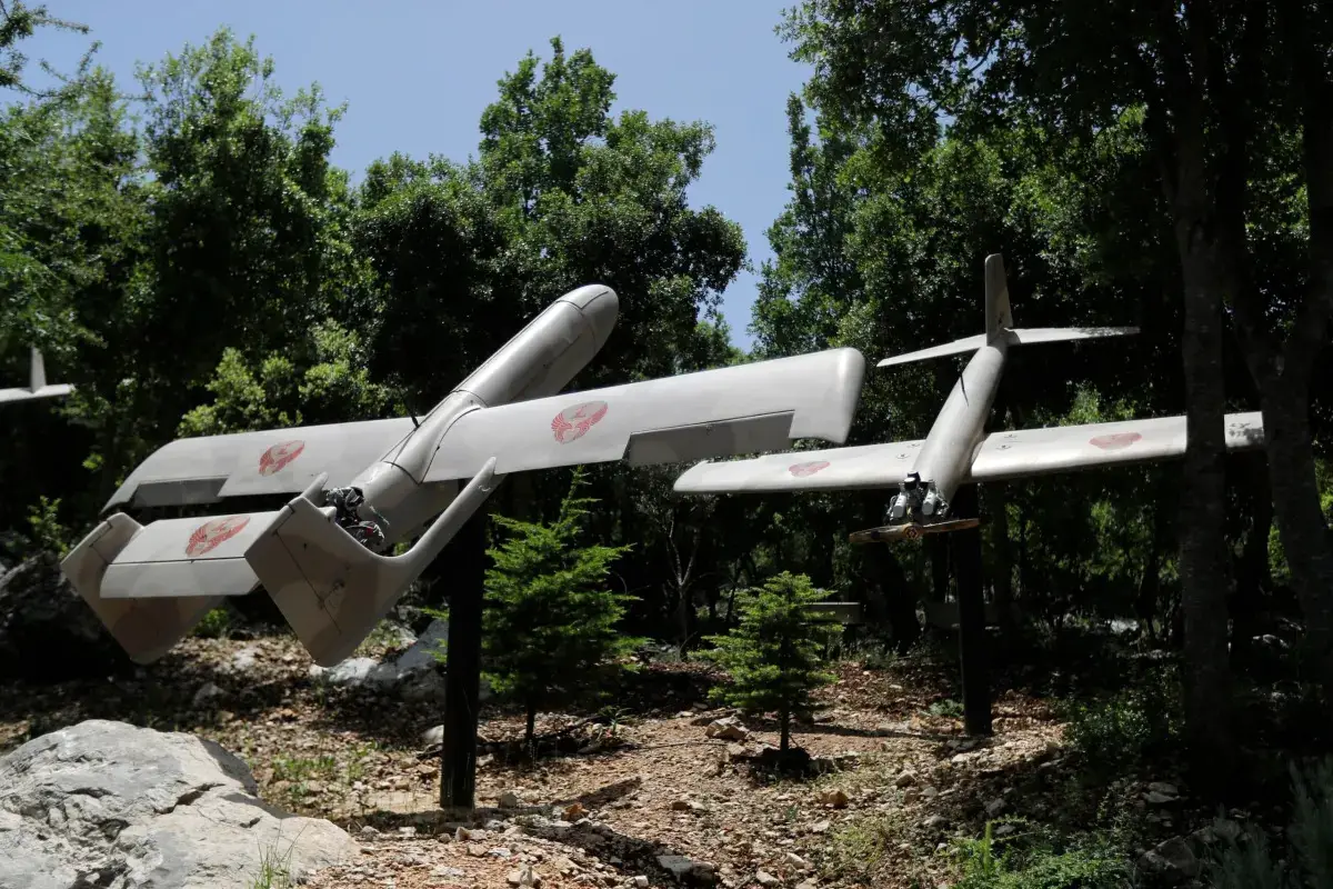 Military drones at the Hezbollah memorial landmark in the hilltop bastion of Mleeta, built in 2010 to commemorate Israel's withdrawal from the country
