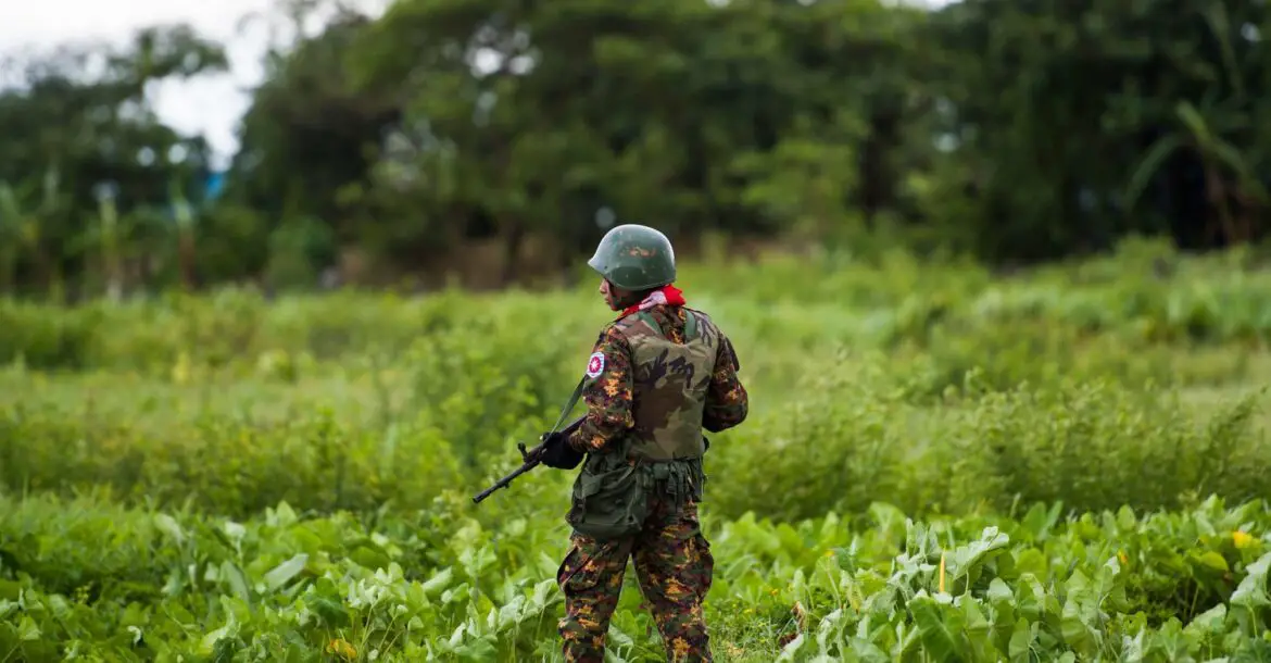 A Myanmar soldier stands guard