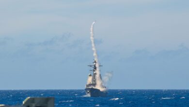 HMAS Sydney fires an Evolved Sea Sparrow Missile.