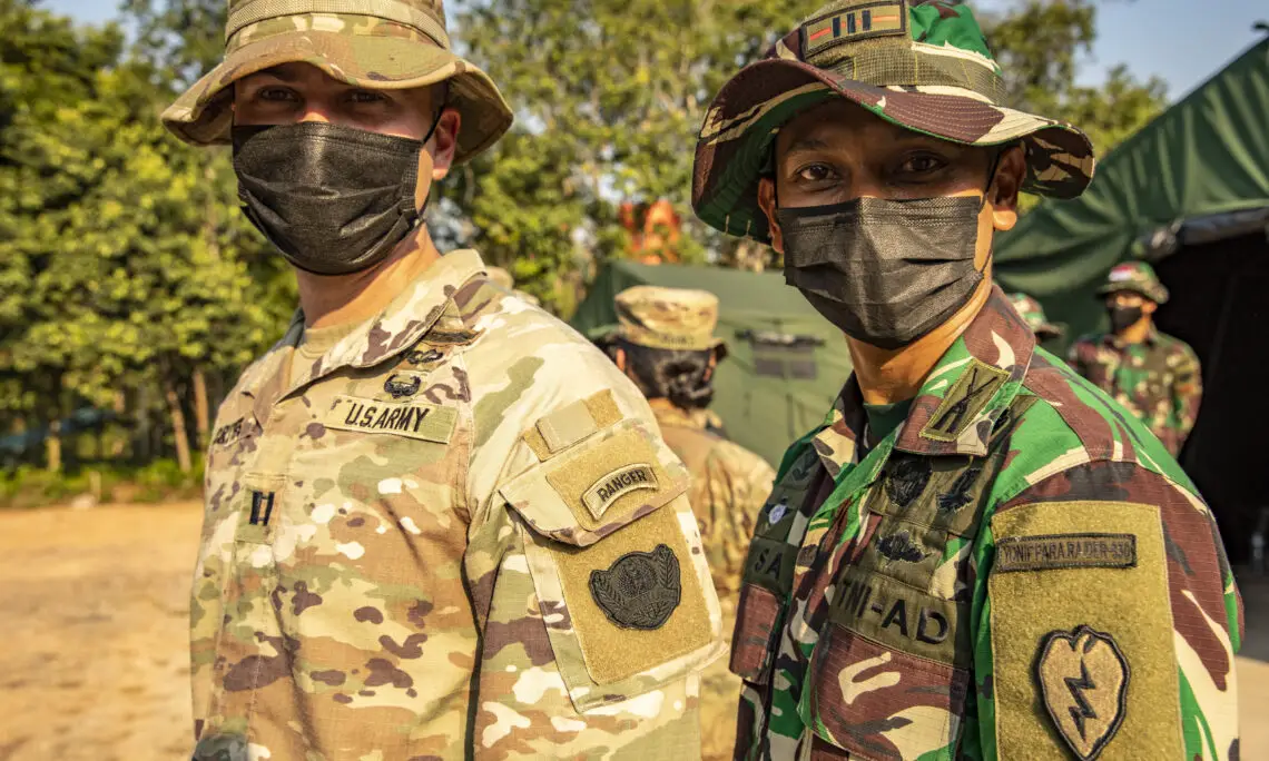 US Army Soldiers with Task Force Warrior meet their Tentara Nacional Indonesia (Indonesian Armed Forces) counterparts on July 27, 2021 at Baturaja Training Area, Indonesia in preparation for Garuda Shield 21