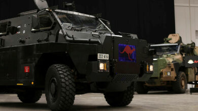 A Bushmaster Electric Protected Mobility Vehicle after being unveiled during the Chief of Army Symposium 2022