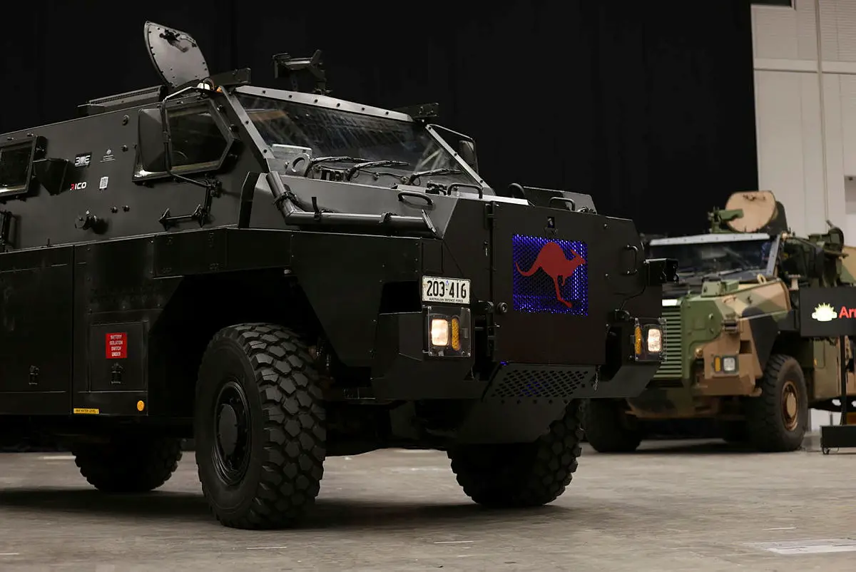 A Bushmaster Electric Protected Mobility Vehicle after being unveiled during the Chief of Army Symposium 2022