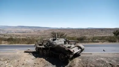 A damaged tank stands on a road north of Mekele, the capital of Tigray