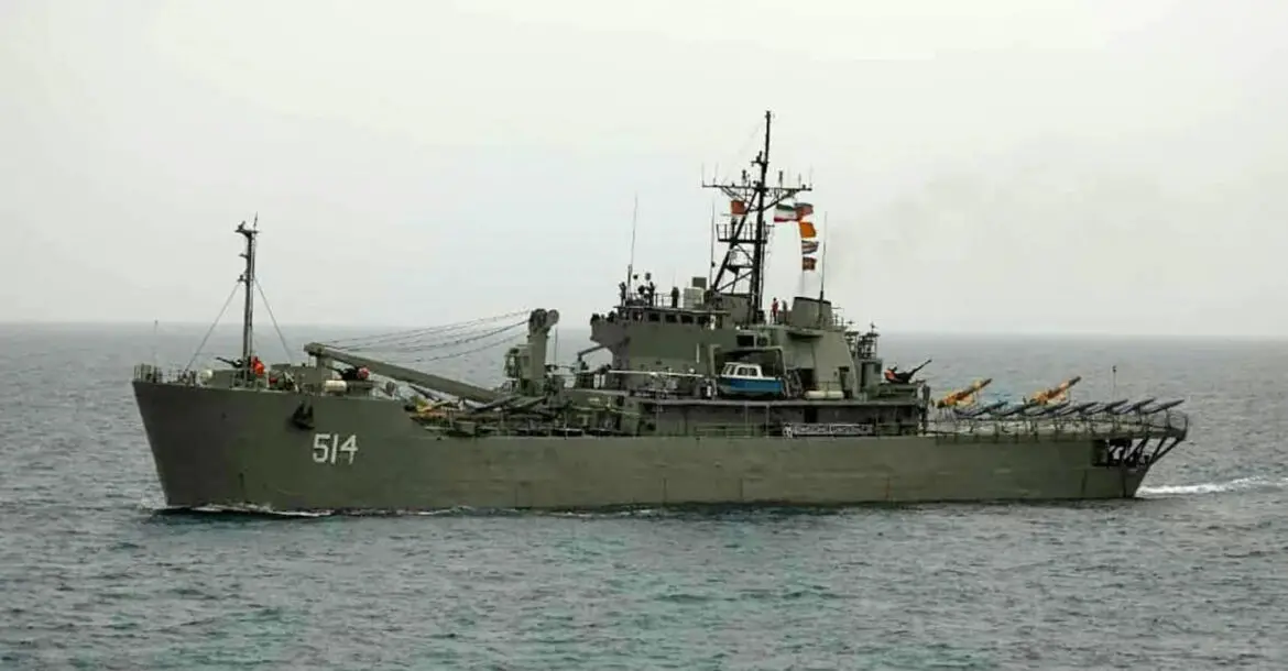 Iranian navy vessel IRIS Lavan carrying a stack of military unmanned aerial vehicles