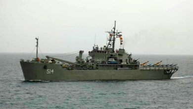 Iranian navy vessel IRIS Lavan carrying a stack of military unmanned aerial vehicles