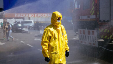 A Ukrainian Emergency Ministry rescuer attends an exercise in Zaporizhzhia in case of a possible nuclear incident