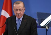 Turkey’s President Recep Tayyip Erdogan addresses media representatives during a press conference