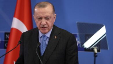 Turkey’s President Recep Tayyip Erdogan addresses media representatives during a press conference
