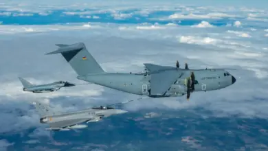 Spanish-German Eurofighters and German A-400M conducts tactical air-to-air refueling.