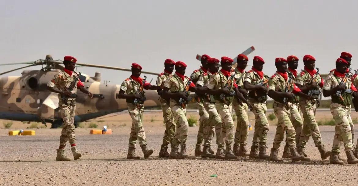 Soldiers from Niger's National Guard march on the tarmac in Diffa, southeastern Niger
