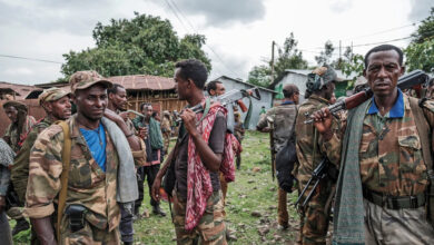 Members of an Amhara militia gather in the village of Adi Arkay, northeast of Gondar, Ethiopia