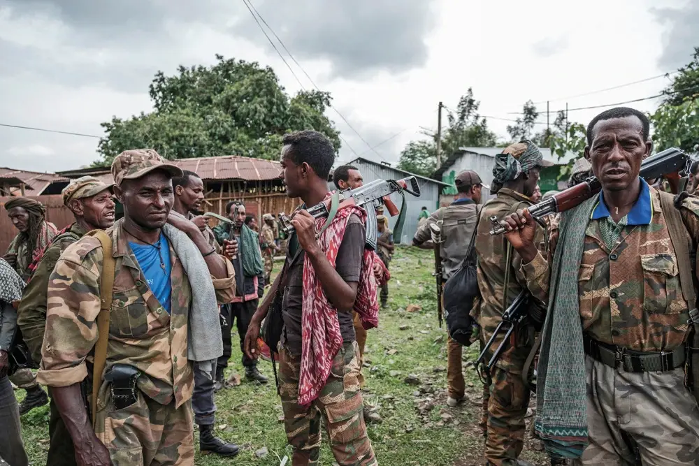 Members of an Amhara militia gather in the village of Adi Arkay, northeast of Gondar, Ethiopia