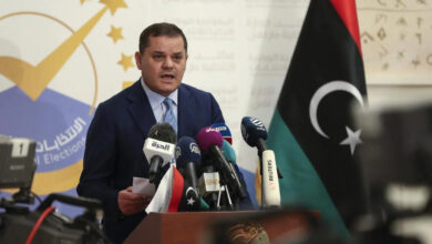 Libya's interim Prime Minister Abdul Hamid Dbeibah speaks at an event
