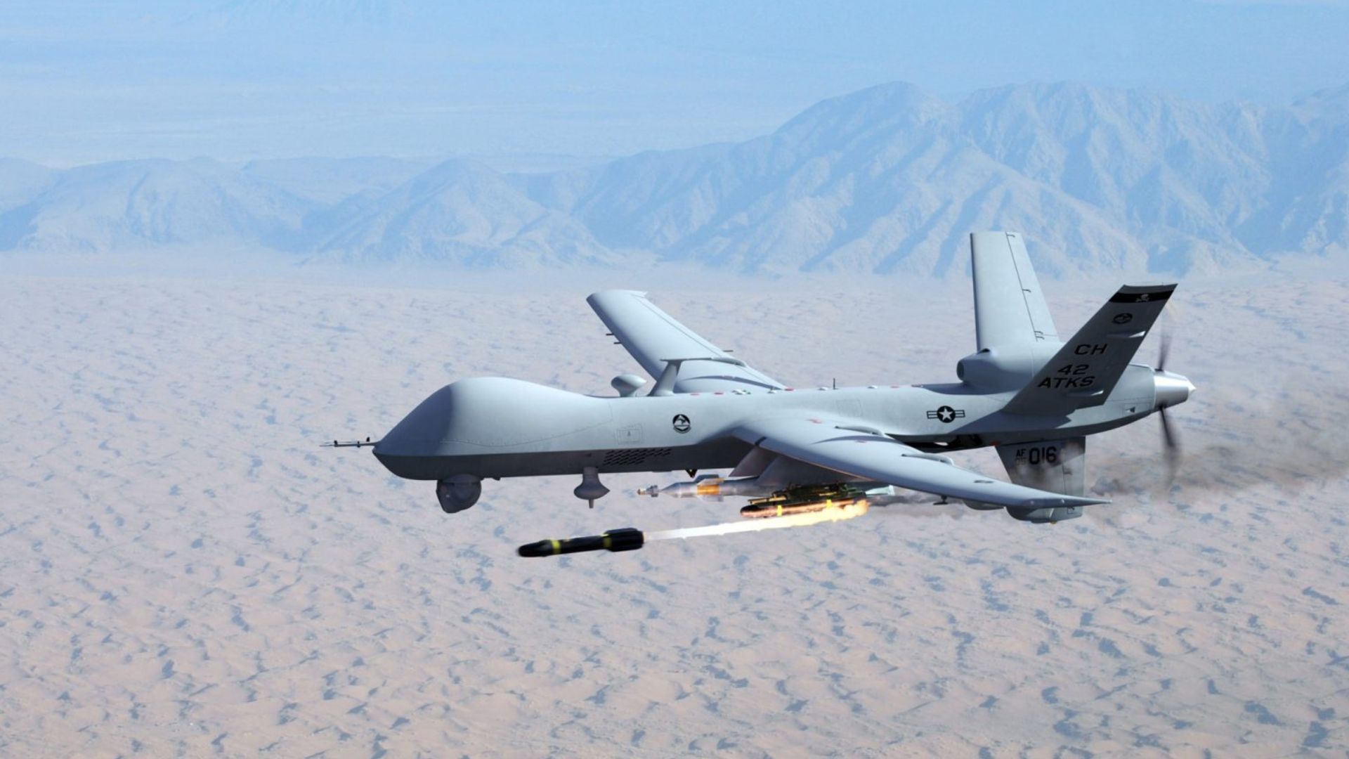 MQ-9 drone firing a missile