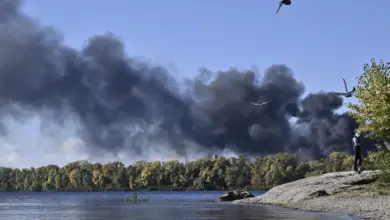 Birds fly as smoke rises over Dnieper River after several Russian strikes hit Kyiv