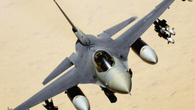 An F-16 Fighting Falcon aircraft returns to the fight after receiving fuel