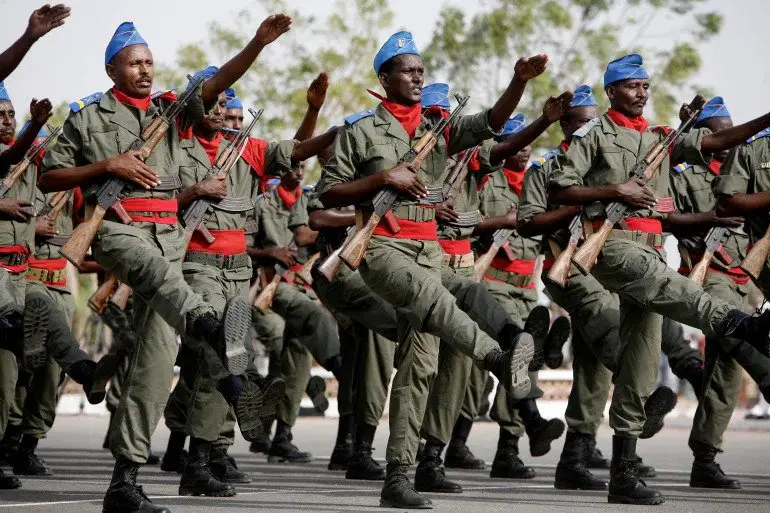 Djiboutian soldiers march during a military parade