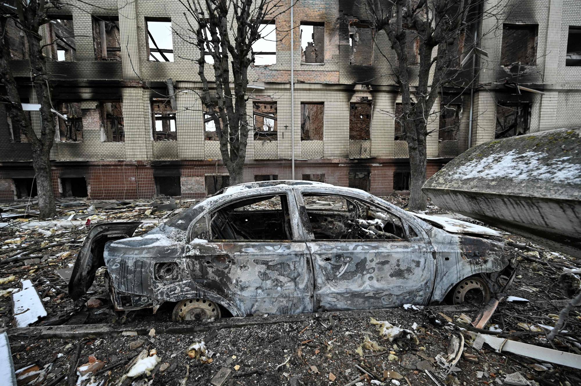 A military facility that was destroyed by recent shelling in the city of Brovary, outside Kyiv