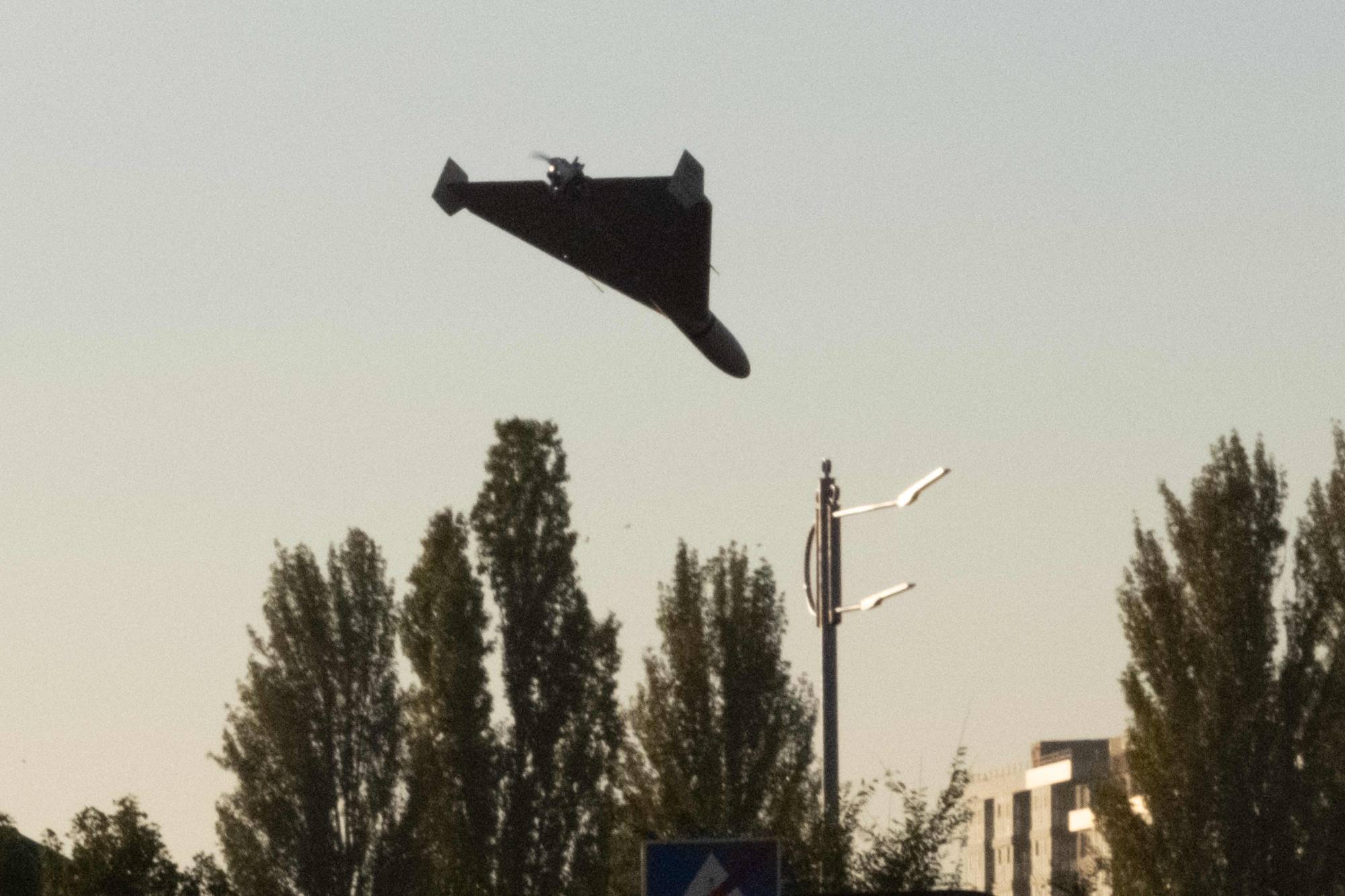 A drone approaches for an attack in Kyiv