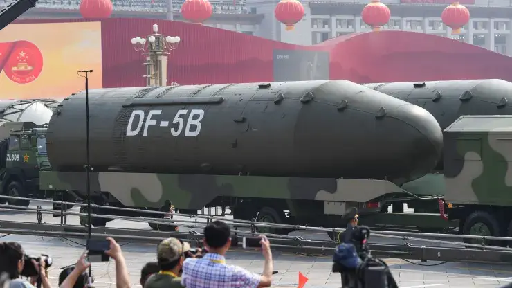 Military vehicles carrying DF-5B intercontinental ballistic missiles participate in a military parade at Tiananmen Square in Beijing on October 1, 2019, to mark the 70th anniversary of the founding of the Peoples Republic of China