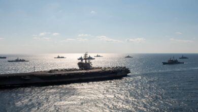 The US Navy’s only forward-deployed aircraft carrier, USS Ronald Reagan (CVN 76), steams in formation with ships from the Japan Maritime Self-Defense Force, Royal Australian Navy, and Indian Navy during Exercise Malabar 2022
