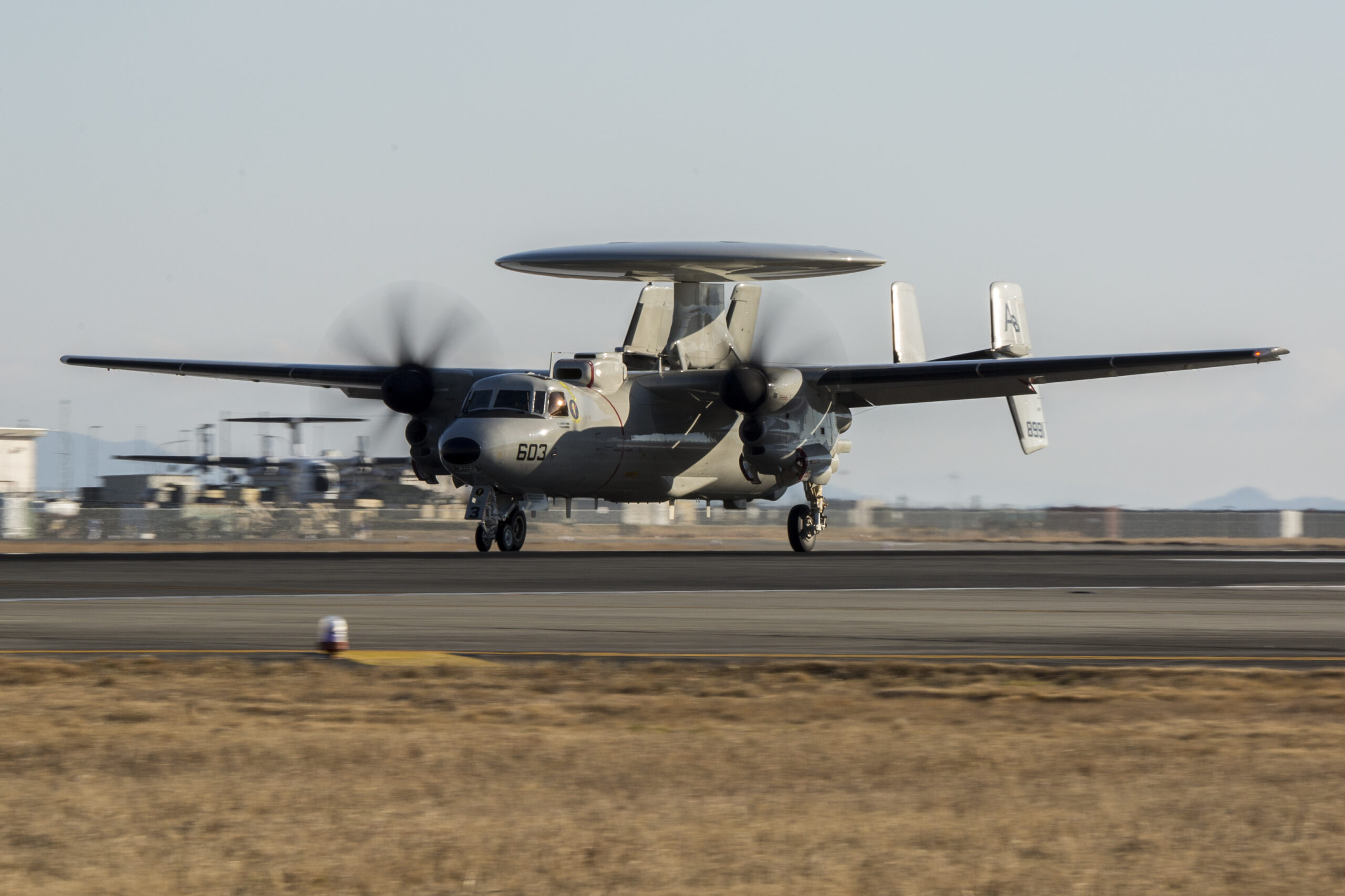 A U.S. Navy E-2D Advanced Hawkeye with Carrier Airborne Early Warning Squadron (VAW) 125, lands at Marine Corps Air Station Iwakuni, Japan, Feb. 2, 2017. VAW-125 arrived at MCAS Iwakuni from Naval Station Norfolk, Va. The E-2D Advanced Hawkeye is equipped with the most advanced airborne radar in the world, possessing systems which increase the capabilities to defend Japan and provide security in the Indo-Asia-Pacific region. (U.S. Marine Corps photo by Cpl. Aaron Henson)