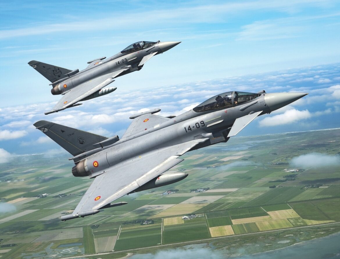 Two Spanish Air Force Eurofighter Typhoons from Albacete Air Base on a training sortie.