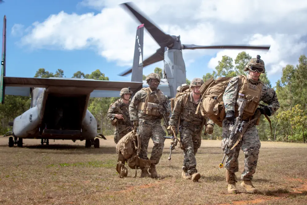 US Marines walk away from an MV-22B Osprey during Exercise Darrandarra in Australia