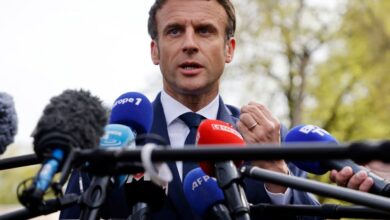 French President Emmanuel Macron speaks to the press