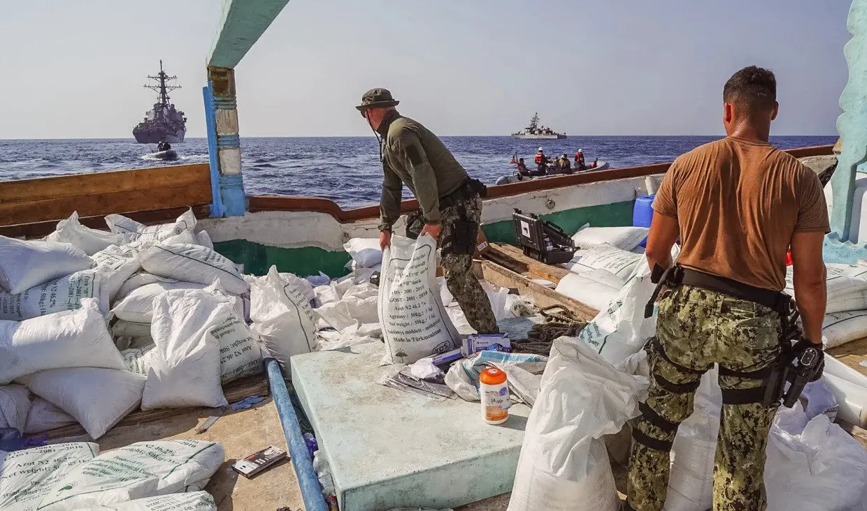 The US Navy and the US Coast Guard seized 180 tons of materials used to make explosives from a boat in international waters that was en route to Yemen