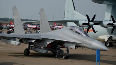 A Chinese J-16 multirole strike fighter for the People's Liberation Army Air Force (PLAAF) is shown at the 13th China International Aviation and Aerospace Exhibition in Zhuhai