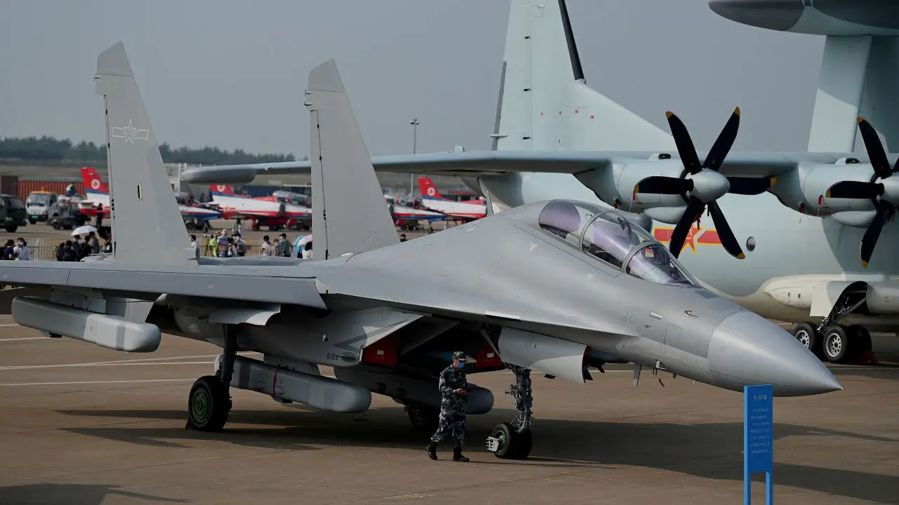 A Chinese J-16 multirole strike fighter for the People's Liberation Army Air Force (PLAAF) is shown at the 13th China International Aviation and Aerospace Exhibition in Zhuhai