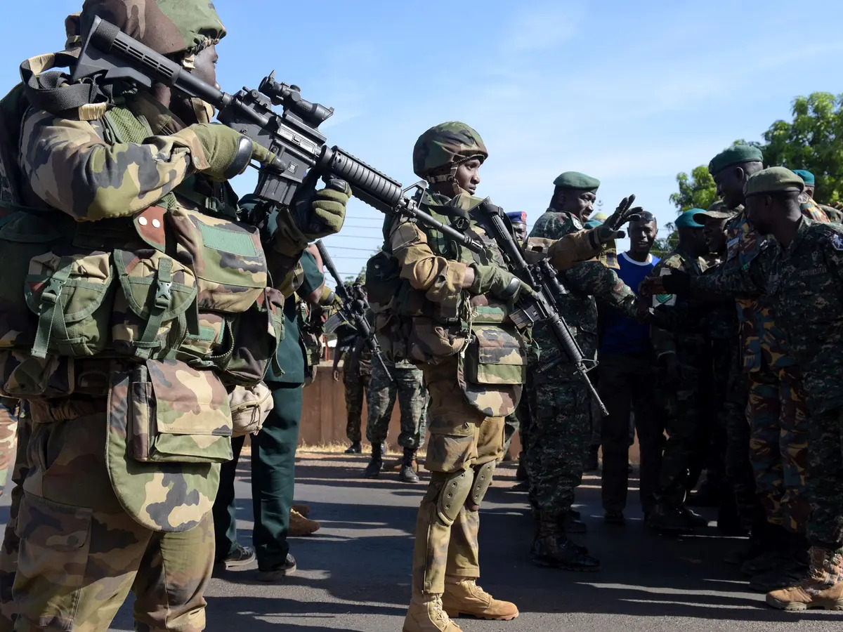 Soldiers from the Gambia greet Ecowas troops in Farafenni