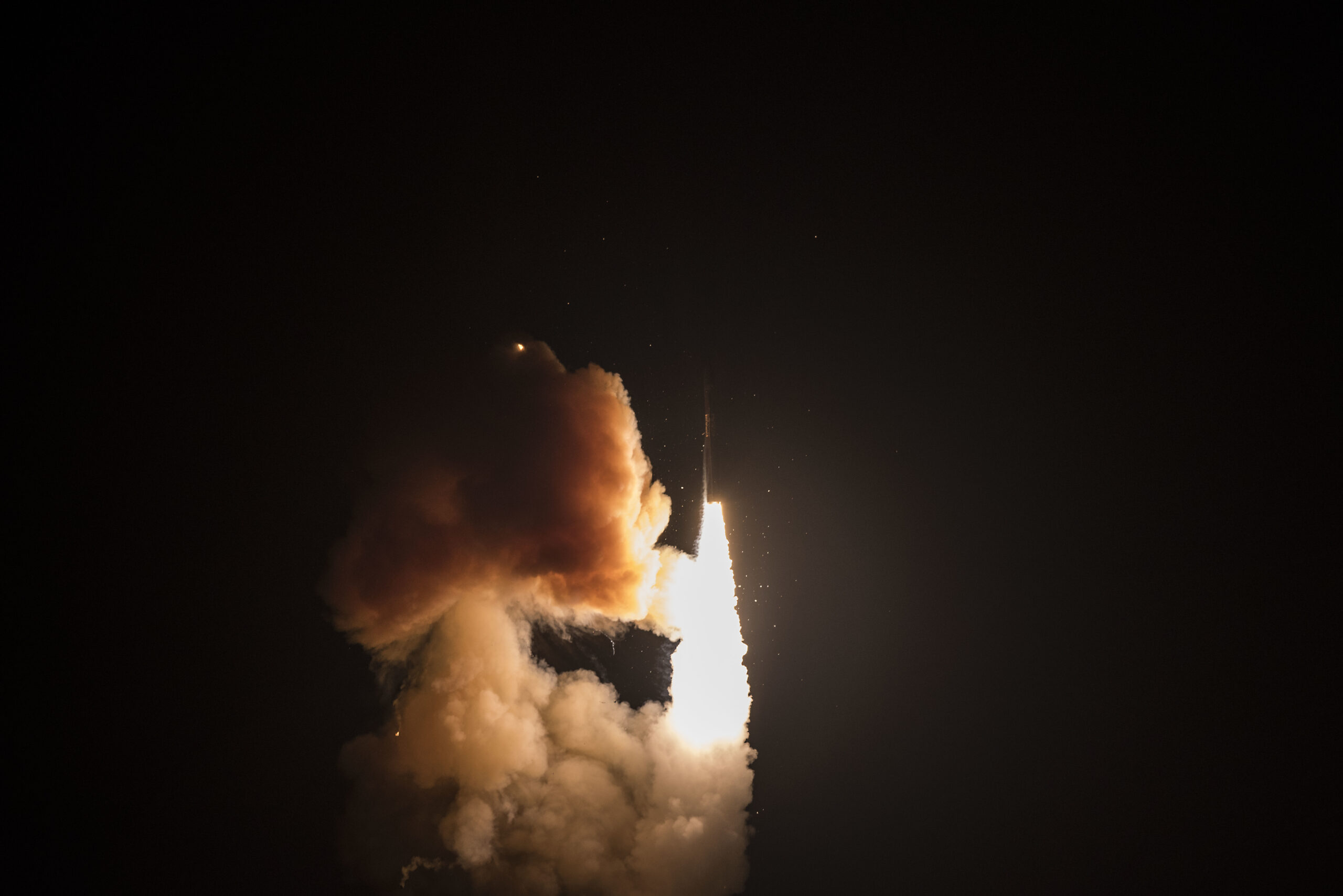 An unarmed Minuteman III intercontinental ballistic missile launches during a developmental test at 12:33 a.m. Pacific Time Wednesday, Feb. 5, 2020, at Vandenberg Air Force Base, Calif. (U.S. Air Force photo by Airman 1st Class Hanah Abercrombie)