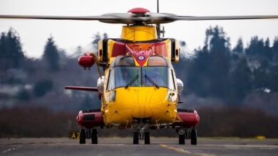 A Royal Canadian Air Force CH-149 Cormorant helicopter aircrew from 442 Transport and rescue squadron from 19 Wing Comox in British Columbia, Canada, land at Air Station Astoria in Warrenton, Oregon, Dec. 7, 2022. During the aircrew’s visit they were provided a tour of the air station and participated in joint search and rescue training. (U.S. Coast Guard photo by Petty Officer 1st Class Travis Magee)
