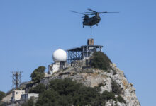 A RAF Odiham Chinook delivers radar equipment to the top of the Rock of Gibraltar.