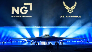 The B-21 Raider is unveiled during a ceremony at Northrop Grumman's Air Force Plant 42 in Palmdale, California