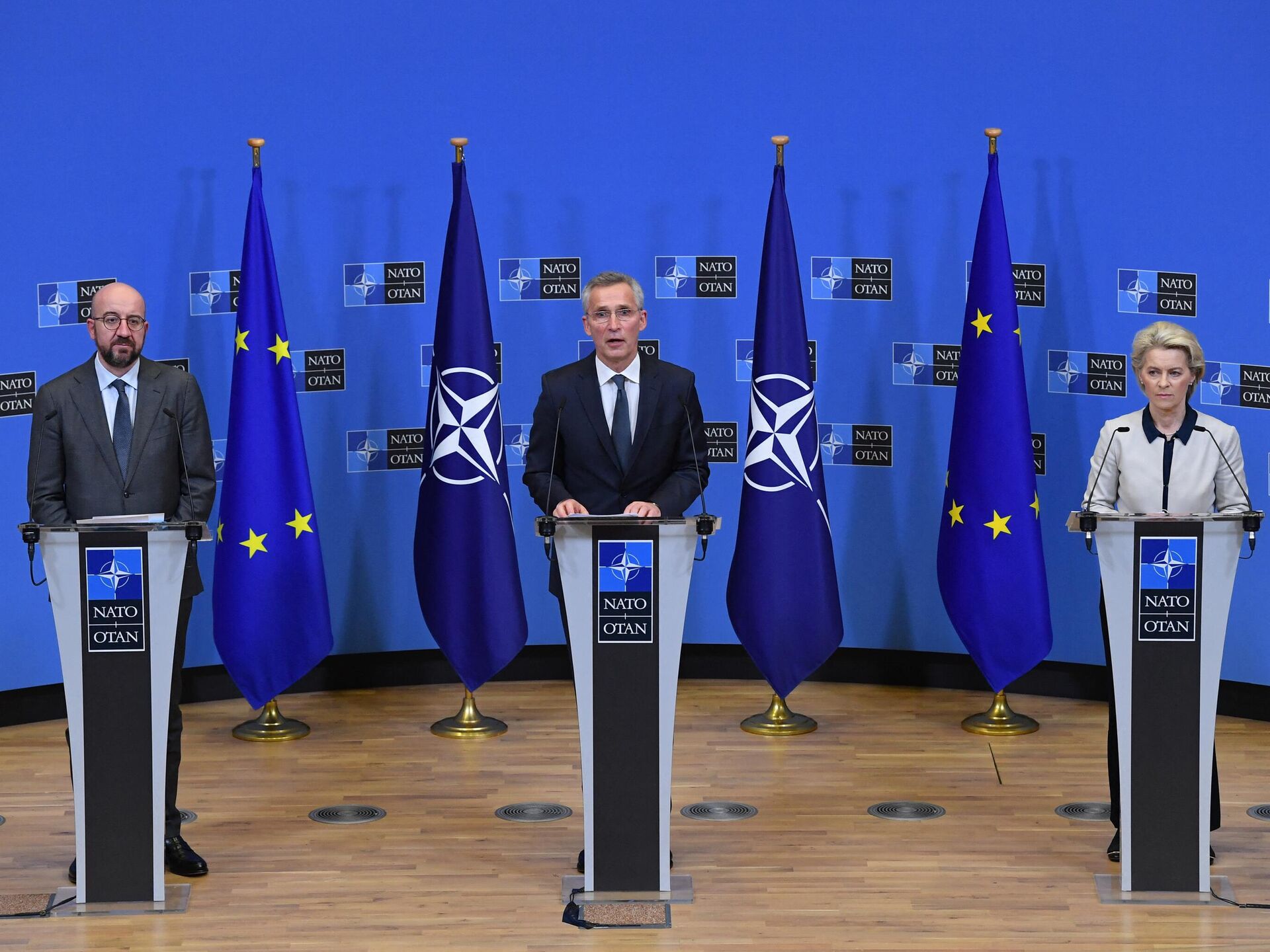 NATO and EU chiefs speaking at an event