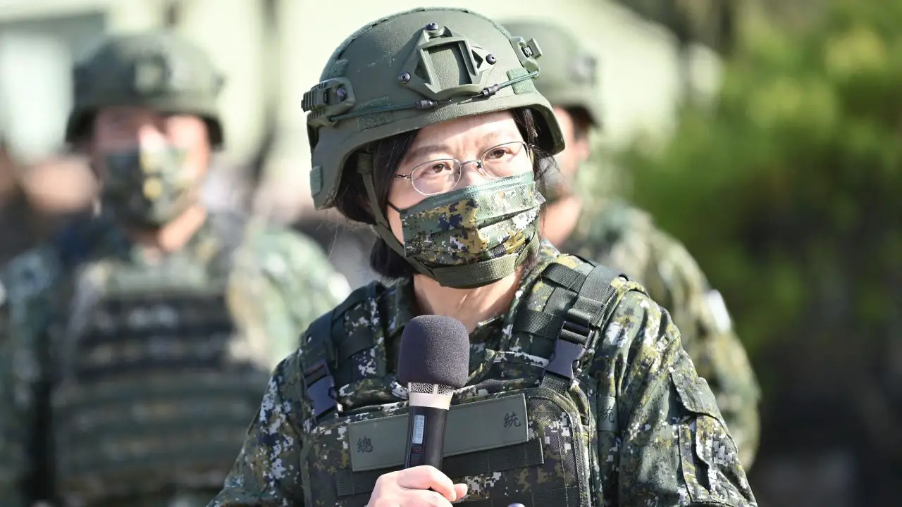 Taiwan President Tsai Ing-wen speaks while inspecting reservists training at a military base in Taoyuan