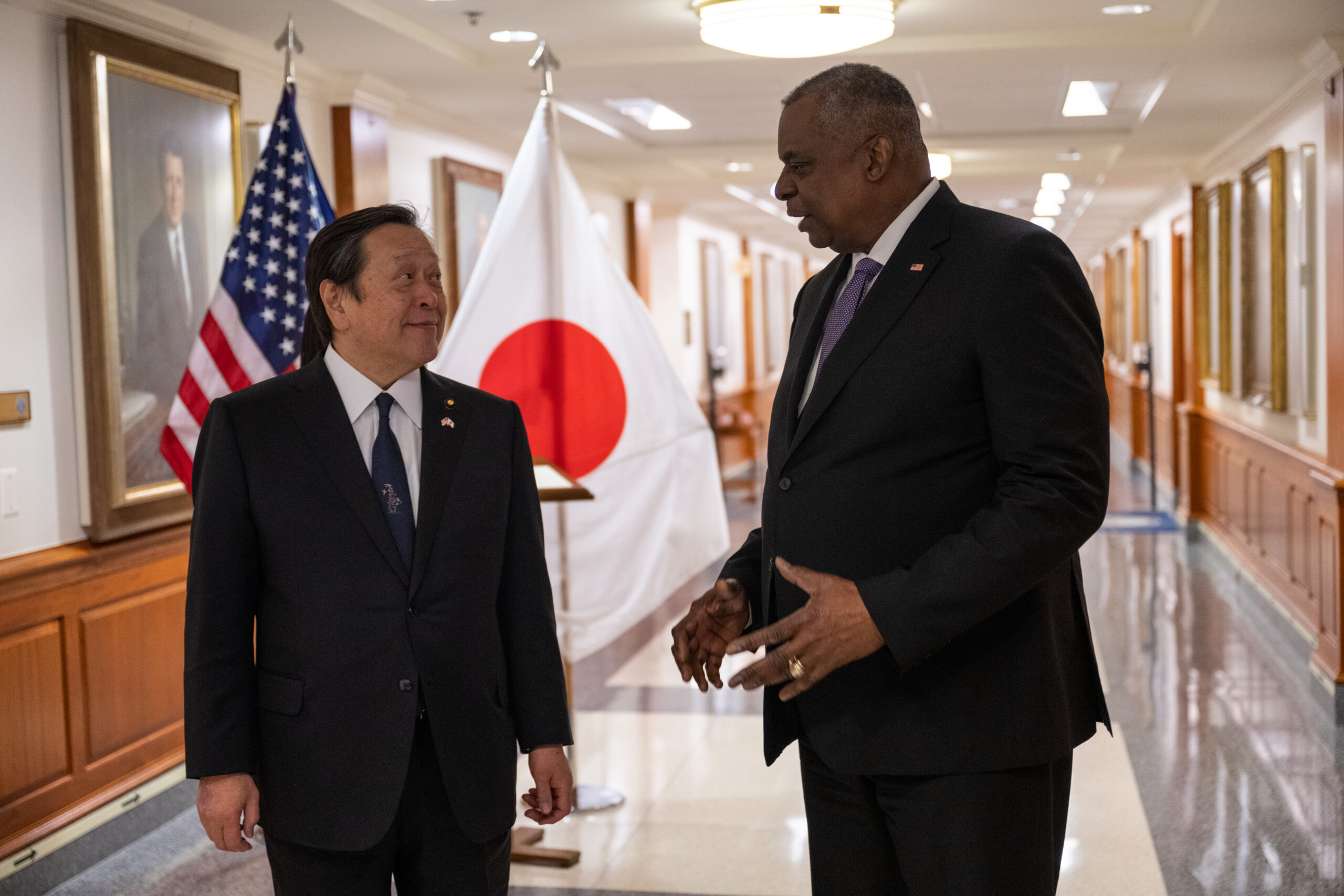 Secretary of Defense Lloyd J. Austin III speaks with Japanese Defense Minister Yasukazu Hamada during a bilateral exchange at the Pentagon Washington, D.C., Jan 12, 2023. (DoD photo by U.S. Air Force Tech. Sgt. Jack Sanders)