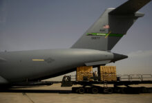 Pallets are loaded on a C-17 Globemaster III at Sather Air Base, Iraq on April 15, 2008. Temperatures in Baghdad reached over 100 degrees for the second day in a row. (U.S. Air Force photo/Tech. Sgt. Jeffrey Allen)