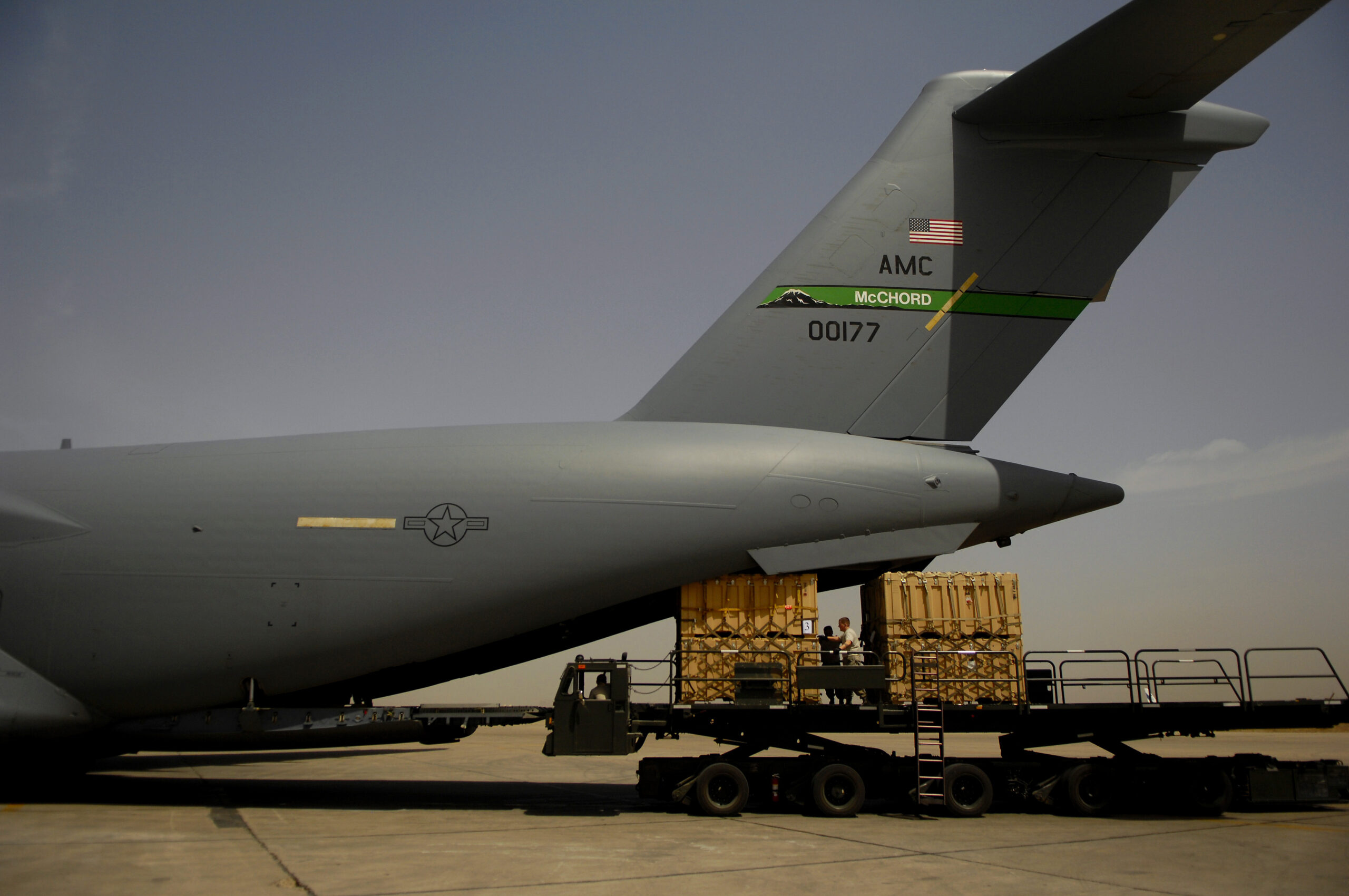 Pallets are loaded on a C-17 Globemaster III at Sather Air Base, Iraq on April 15, 2008. Temperatures in Baghdad reached over 100 degrees for the second day in a row. (U.S. Air Force photo/Tech. Sgt. Jeffrey Allen)