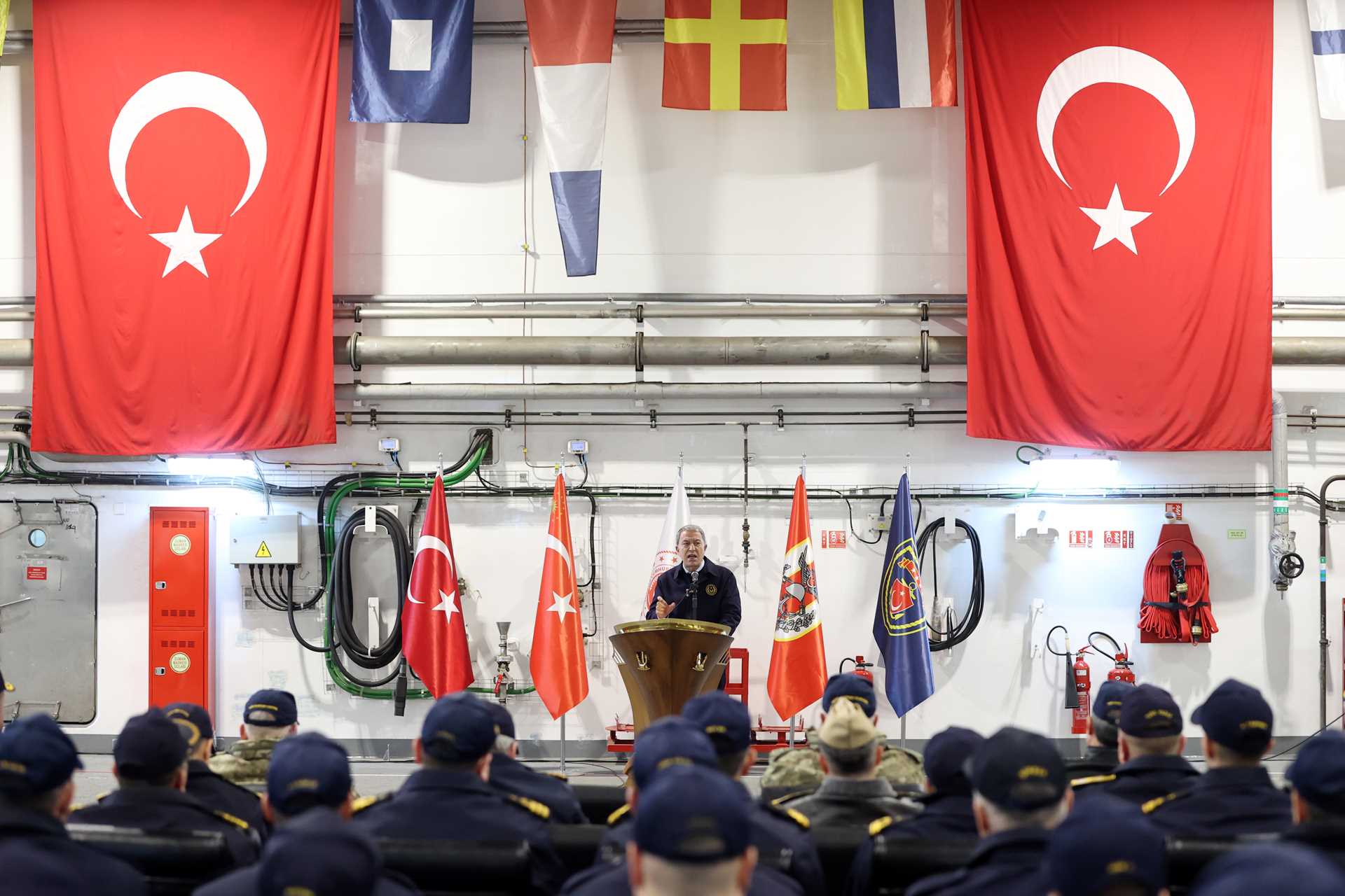 Turkish National Defense Minister Hulusi Akar in the TCG Anadolu acceptance trials.