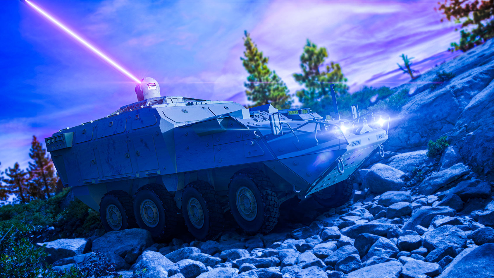 Stryker combat vehicle firing DEIMOS laser weapon system