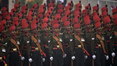 Indian soldiers march past during the Republic Day parade in New Delhi on January 26, 2023